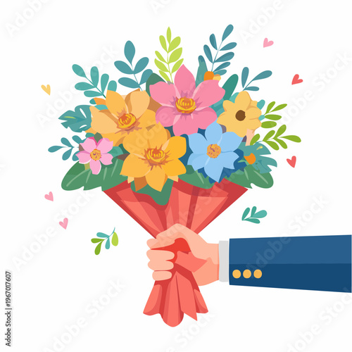 花束を渡すお祝いのシーン 感謝と祝福のベクターイラスト