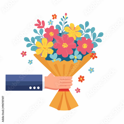 花束を渡すお祝いのシーン 感謝と祝福のベクターイラスト