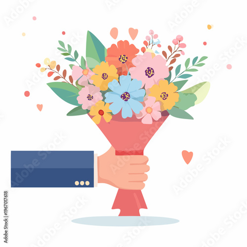 花束を渡すお祝いのシーン 感謝と祝福のベクターイラスト