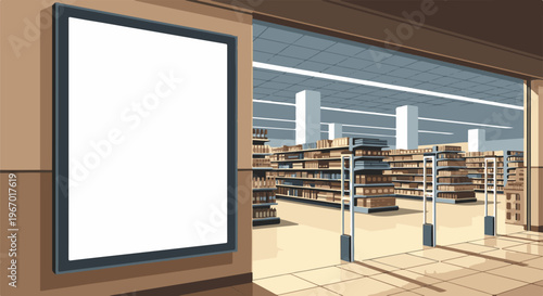 Blank digital billboard outside a brightly lit, pixelated grocery store interior