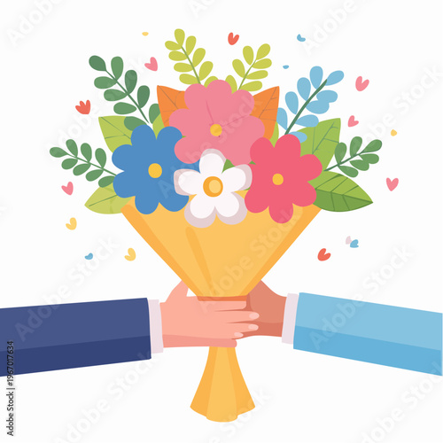 花束を渡すお祝いのシーン 感謝と祝福のベクターイラスト