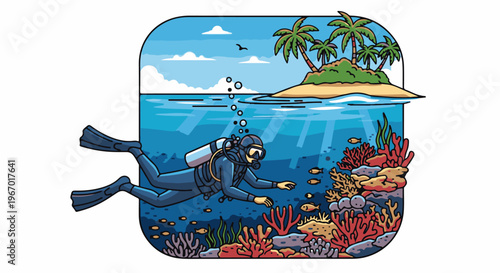 Diver exploring a tropical island coral reef with palm trees and clear blue waters