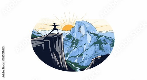 Silhouette of a person in yoga pose on cliff overlooking a mountain at sunrise