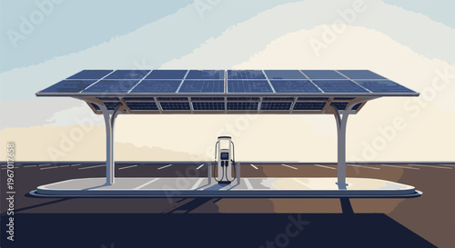 Electric car charging station with solar panels and empty parking spots