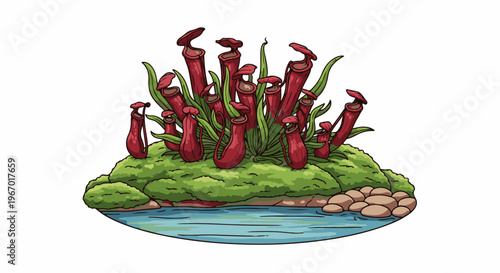 Cartoon drawing of a cluster of red pitcher plants on a mossy mound by water