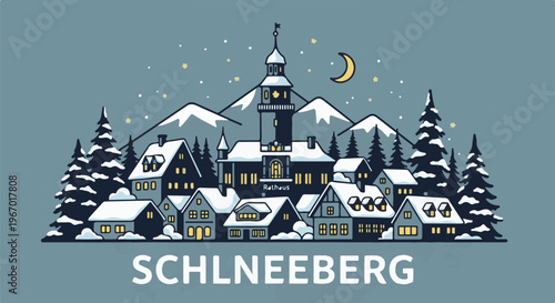 Snowy village with illuminated houses, town hall, moon, and stars