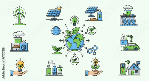 Diverse clean energy sources are depicted orbiting the planet Earth, illustrating global sustainability efforts