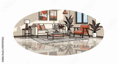 Cozy living room with sofa, armchair, coffee table, plants, and window