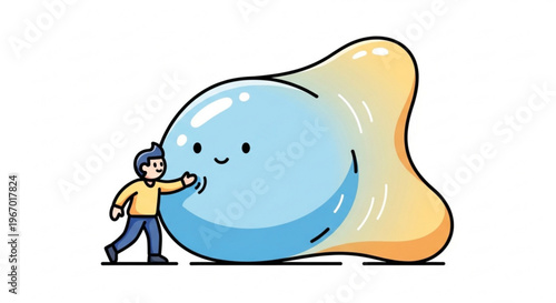 A cute, friendly, blob-like creature with a smiling face being gently pushed by a small, stylized human character in a minimalist, cartoonish illustration style, with a clean white background