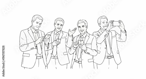 Four men in suits interacting with smartphones, one taking a photo