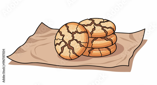 Stack of round, cracked cookies with sesame seeds on brown paper