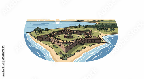 Star-shaped historic fort on a coastal island with cannons and a bay