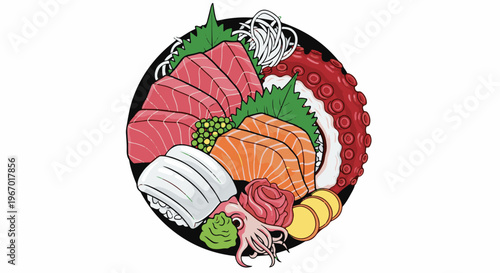 Colorful Japanese sashimi platter with tuna, salmon, squid, and octopus