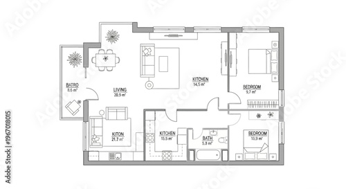 Modern Apartment Floor Plan Blueprint - 2 Bedroom, 2 Bath Layout