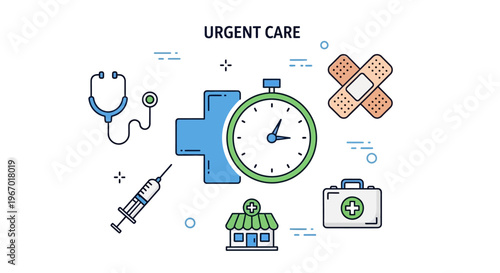Urgent Care Clinic - Medical Icons, Stethoscope, Syringe, Bandages, Clock, First Aid