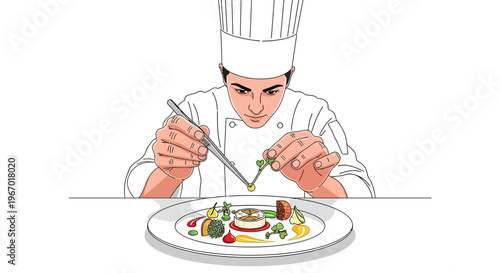 Chef meticulously garnishing gourmet dish with tweezers, exquisite food presentation, culinary art