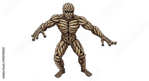 Dynamic illustration of a formidable humanoid figure crafted from intertwined organic fibers, presenting a unique and mysterious creature with an earthy texture and imposing presence
