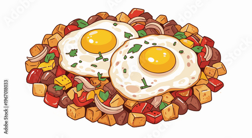 Colorful breakfast hash with two sunny-side-up eggs and diced vegetables