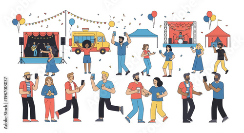 Diverse crowd enjoying outdoor music festival with food trucks and live bands