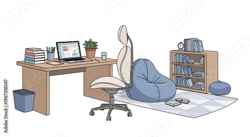 Cozy Home Office Setup with Desk, Chair, Bookshelf, and Beanbag