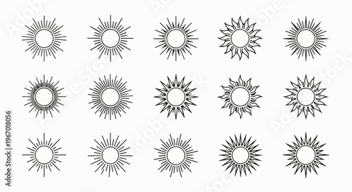Collection of stylized sunburst icons with varying ray designs and patterns