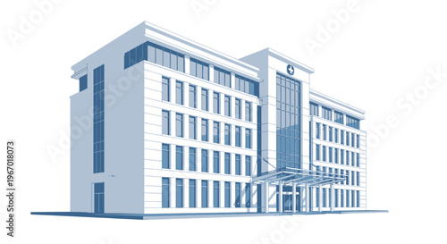 Modern Hospital Building Exterior Facade with Glass Entrance and Windows
