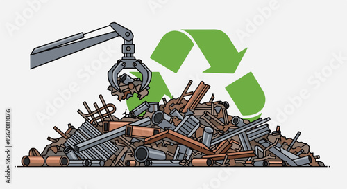 Claw grabbing scrap metal pile with recycling symbol behind