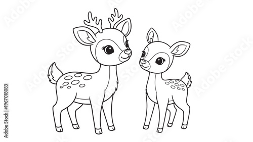 Deer, a young fawn and a mature buck, are depicted in a cute line art illustration, set against a white background.