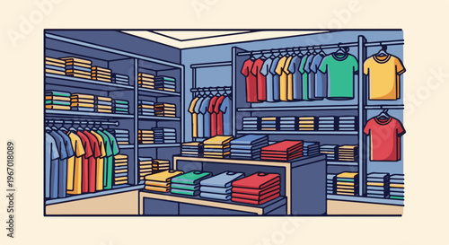 Colorful shirts displayed on racks and shelves in a store