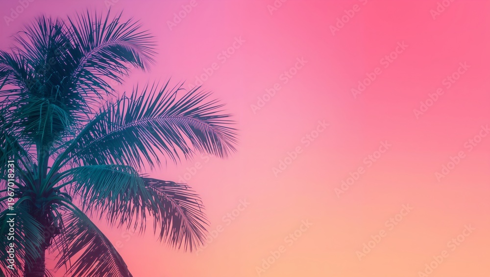 Obraz premium A vibrant palm tree with colorful sky. The photo exudes tropical vibes, relaxation, and vacation themes