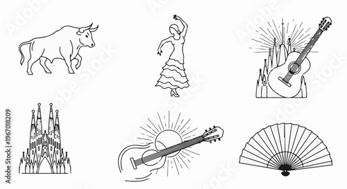 Spanish cultural icons bull, dancer, guitars, cathedral, and fan