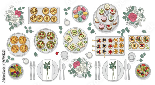 Elegant Buffet Table Setting with Assorted Appetizers, Desserts, and Floral Arrangements