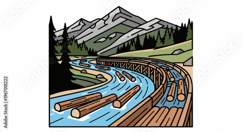Cartoon illustration of logs floating down a river next to mountains