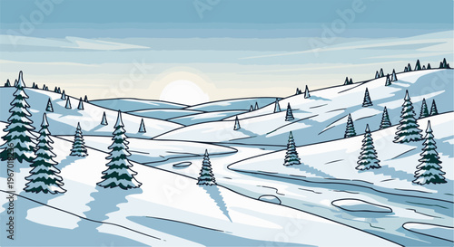 Pixel art winter landscape with snow-covered hills and trees under a pale sun