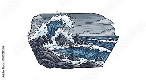 Crashing waves on rocky shore under stormy, cloudy skies