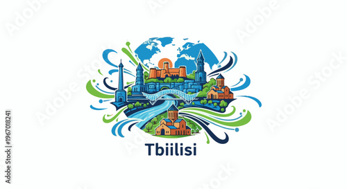 Stylized cityscape with global and swirling elements above the text "Tbilisi