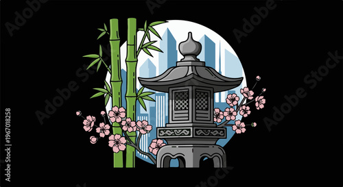 Stone lantern, bamboo, and cherry blossoms against city skyline