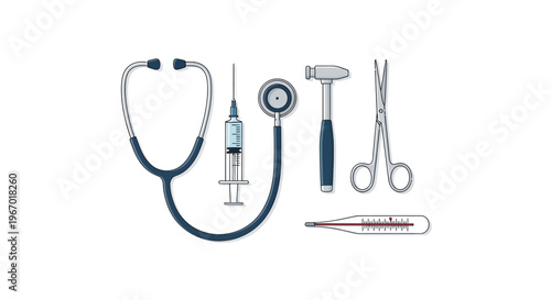 Medical Tools Set: Stethoscope, Syringe, Reflex Hammer, Scissors, Thermometer on White