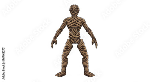 An isolated view of an intricately wrapped, ancient human-like figure, evoking timeless tales of archaeological mystery, forgotten civilizations, and supernatural lore