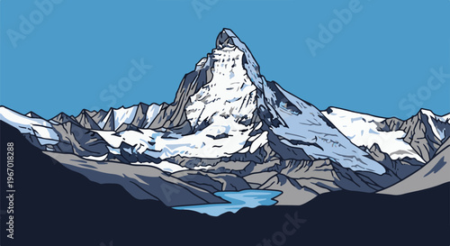 Pixelated alpine peak with snow, ice, and a glacial lake under a clear sky