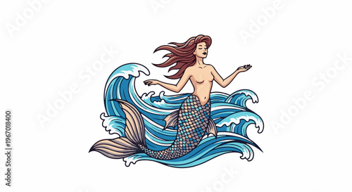Stylized illustration of a mermaid with flowing hair amidst crashing waves