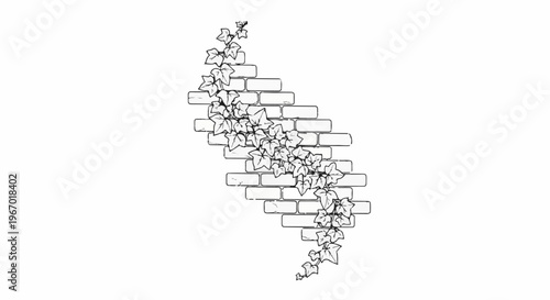 Stylized ivy vine gracefully entwining a stepped brick wall structure
