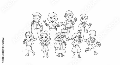 Diverse cartoon characters representing different professions and activities