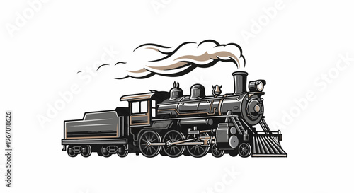 Stylized illustration of a vintage steam locomotive with billowing smoke