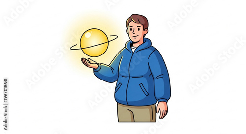 Young man contemplating the universe, holding a glowing, spinning celestial body in his hand, illustrating concepts of power, knowledge, and cosmic wonder