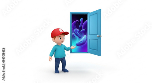 A young boy in a red cap gestures towards an open door revealing a vibrant, abstract, otherworldly scene with fluid shapes
