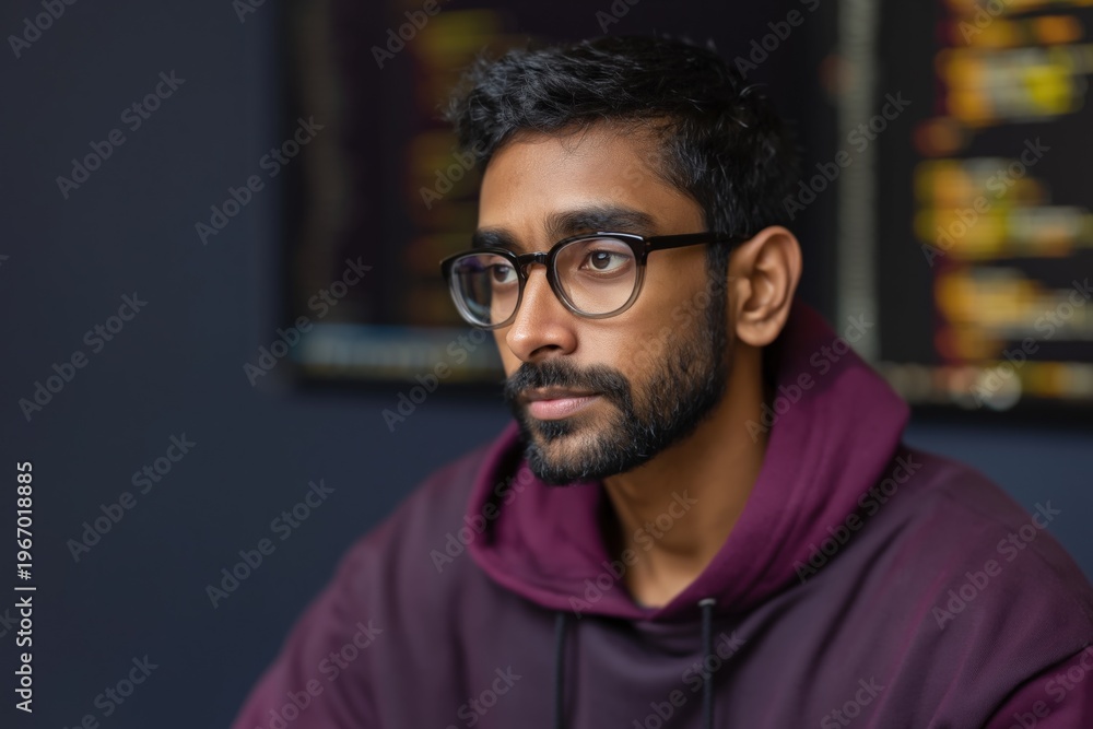 Obraz premium Young man wearing glasses looking pensive in dark office