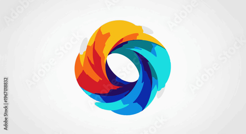 Swirling abstract emblem in vibrant, flowing colors of red, orange, yellow, blue, and cyan