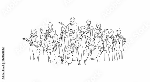 Diverse group of professionals with microphones at a press conference