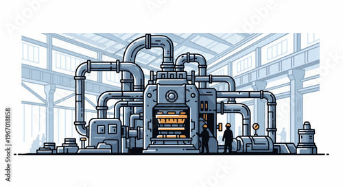 Industrial machinery with pipes and workers inside a factory